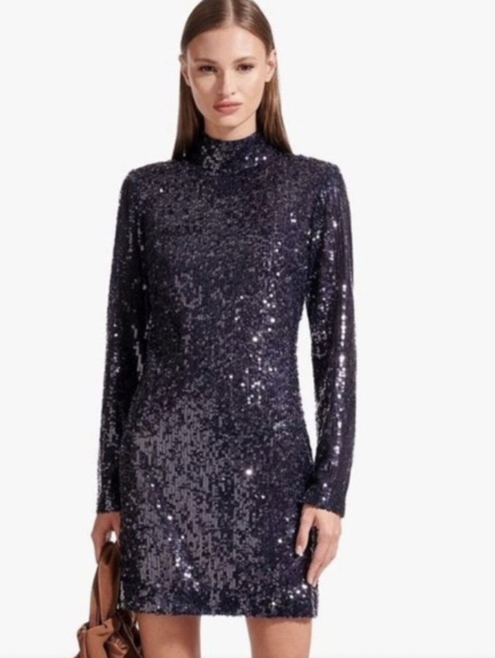 STAUD Black Blue Sequin Long-Sleeve Mini Dress - Picture 1 of 8